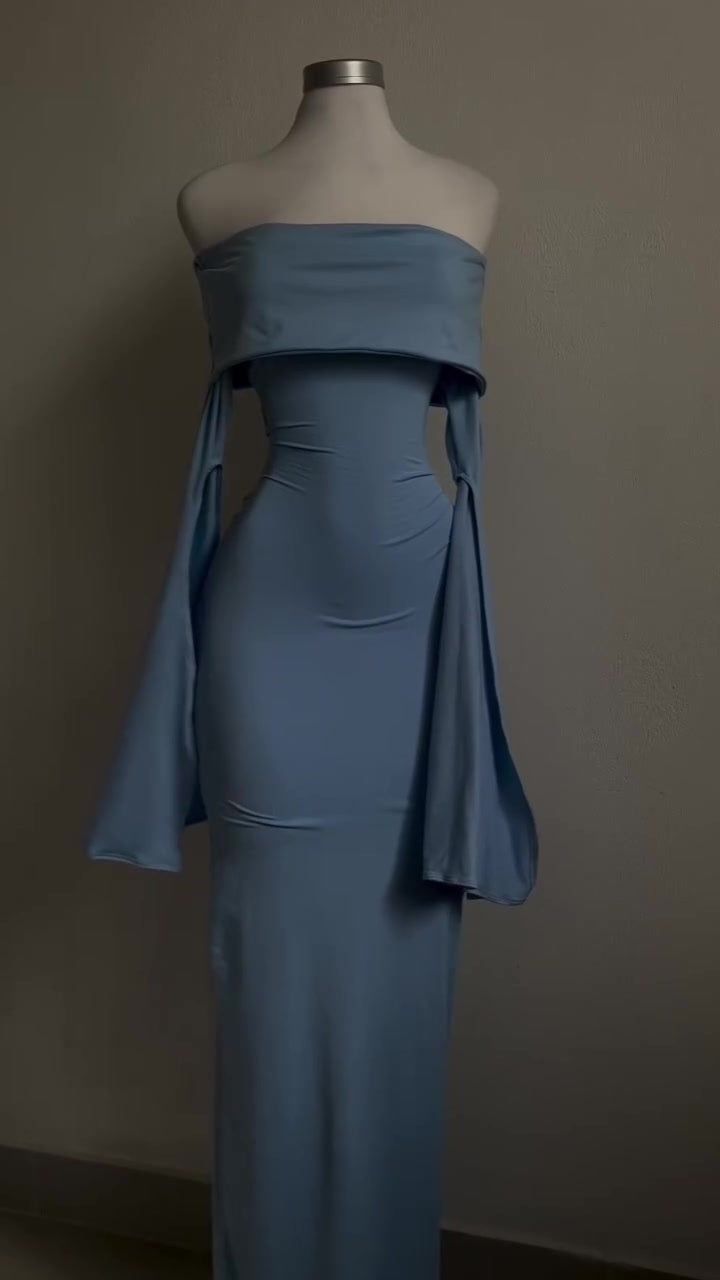 Vestido de fiesta elegante de sirena con hombros descubiertos, satén azul cielo, mangas largas, vestido de noche GG1801