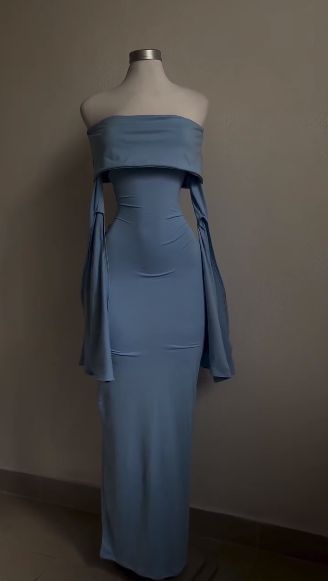 Vestido de fiesta elegante de sirena con hombros descubiertos, satén azul cielo, mangas largas, vestido de noche GG1801