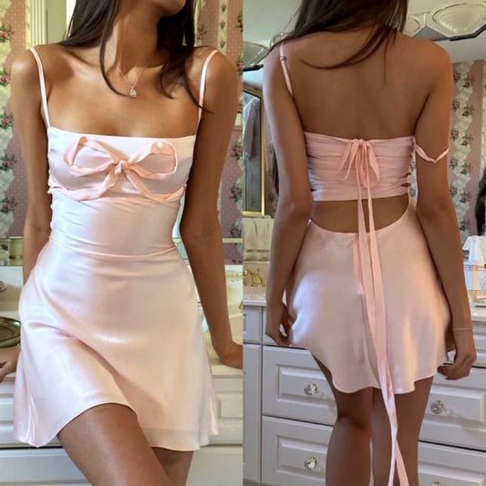 Vestido de fiesta corto de satén rosa con tirantes finos, corte A, para regreso a casa y noche, GG1802