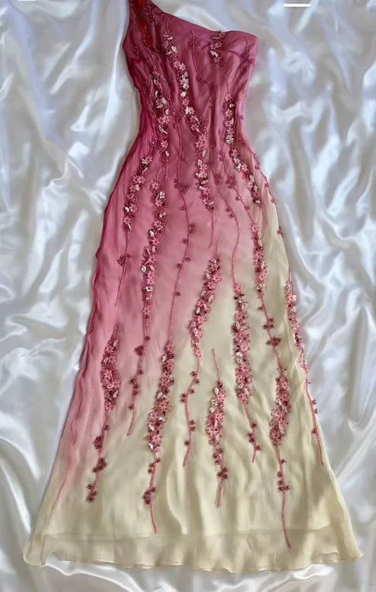 Ombre Mermaid One Shoulder Chiffon Beaded Long Prom Dress,Evening Dress GG1804