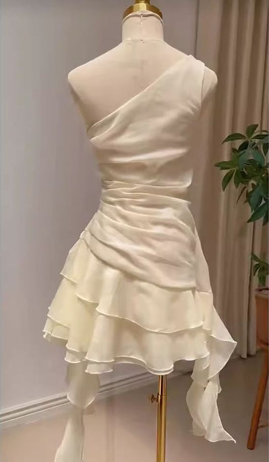 Vestido de fiesta corto elegante de gasa color marfil con un solo hombro, vestido de regreso a casa y vestido de noche GG1808