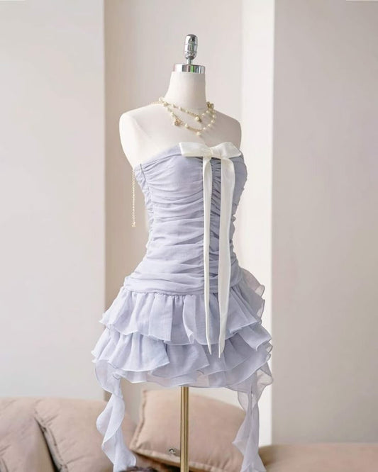 Hermoso vestido de fiesta corto plisado de gasa lavanda sin tirantes, corte A, para regreso a casa y noche GG1809