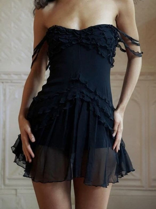 Vestido de fiesta corto de gasa con hombros descubiertos, elegante, corte A, para regreso a casa y noche GG1814