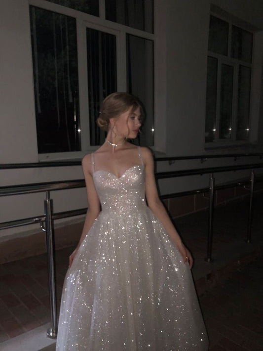 Glitter A Line Spaghetti Straps Tulle Sequin Long Prom Dress,Evening Dress GG1823
