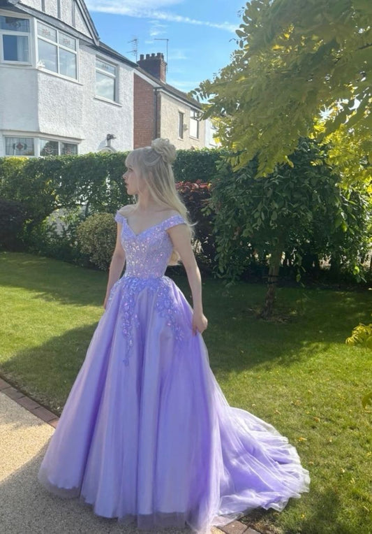 Vestido de fiesta largo con apliques de tul lila, corte A y hombros descubiertos, vestido de noche GG1826