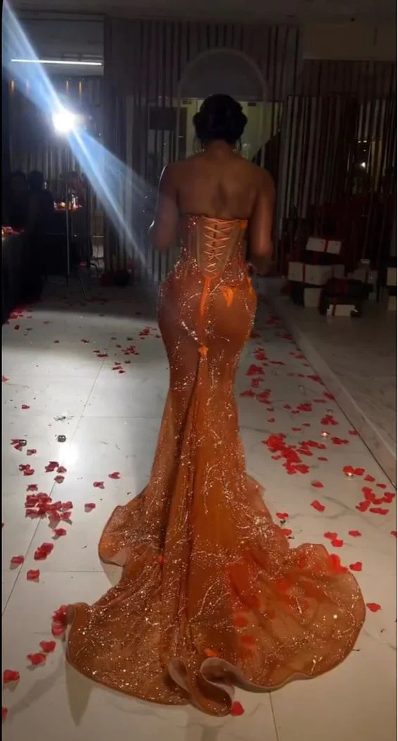 Sexy Mermaid Strapless Orange Sequin Beaded Applique Long Prom Dress,Evening Dress GG1847