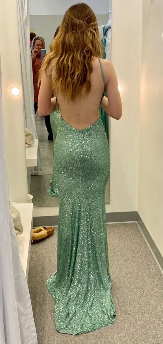 Glitter Mermaid Spaghetti Straps Mint Green Satin Sequin  Long Prom Dress,Evening Dress GG1849