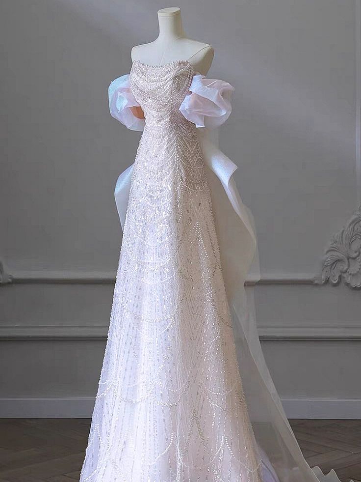 Vestidos de fiesta largos de lujo, corte A, hombros descubiertos, lentejuelas, mangas abullonadas, lazo, cadena de perlas, vestidos de novia y de noche GG185