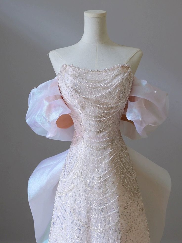 Vestidos de fiesta largos de lujo, corte A, hombros descubiertos, lentejuelas, mangas abullonadas, lazo, cadena de perlas, vestidos de novia y de noche GG185