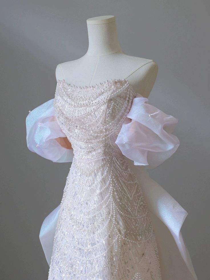 Vestidos de fiesta largos de lujo, corte A, hombros descubiertos, lentejuelas, mangas abullonadas, lazo, cadena de perlas, vestidos de novia y de noche GG185