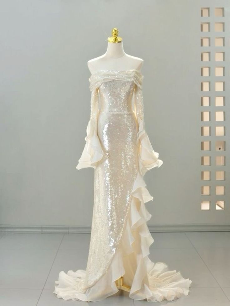 Vestidos de fiesta largos de lujo, corte A, hombros descubiertos, lentejuelas, manga larga, dobladillo ondulado, vestidos de novia y de noche GG186