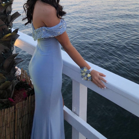 Hermoso vestido de fiesta largo de satén lavanda con escote sirena y abertura, vestido de noche GG1863