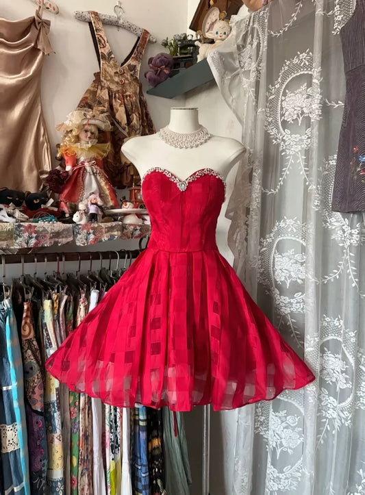 Vestido de fiesta corto de satén rojo con escote en forma de A, elegante, para regreso a casa y noche, GG1877