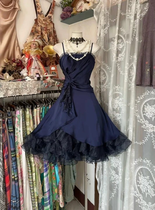 Vestido de fiesta corto de gasa azul marino con tirantes finos, corte A, para regreso a casa y noche, GG1879
