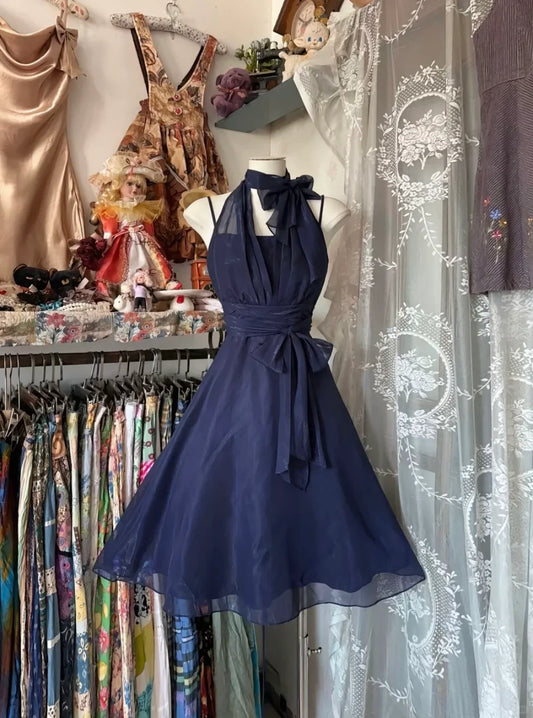 Vestido de fiesta corto de gasa azul marino con cuello halter y tirantes finos, corte A, para regreso a casa y noche, GG1880