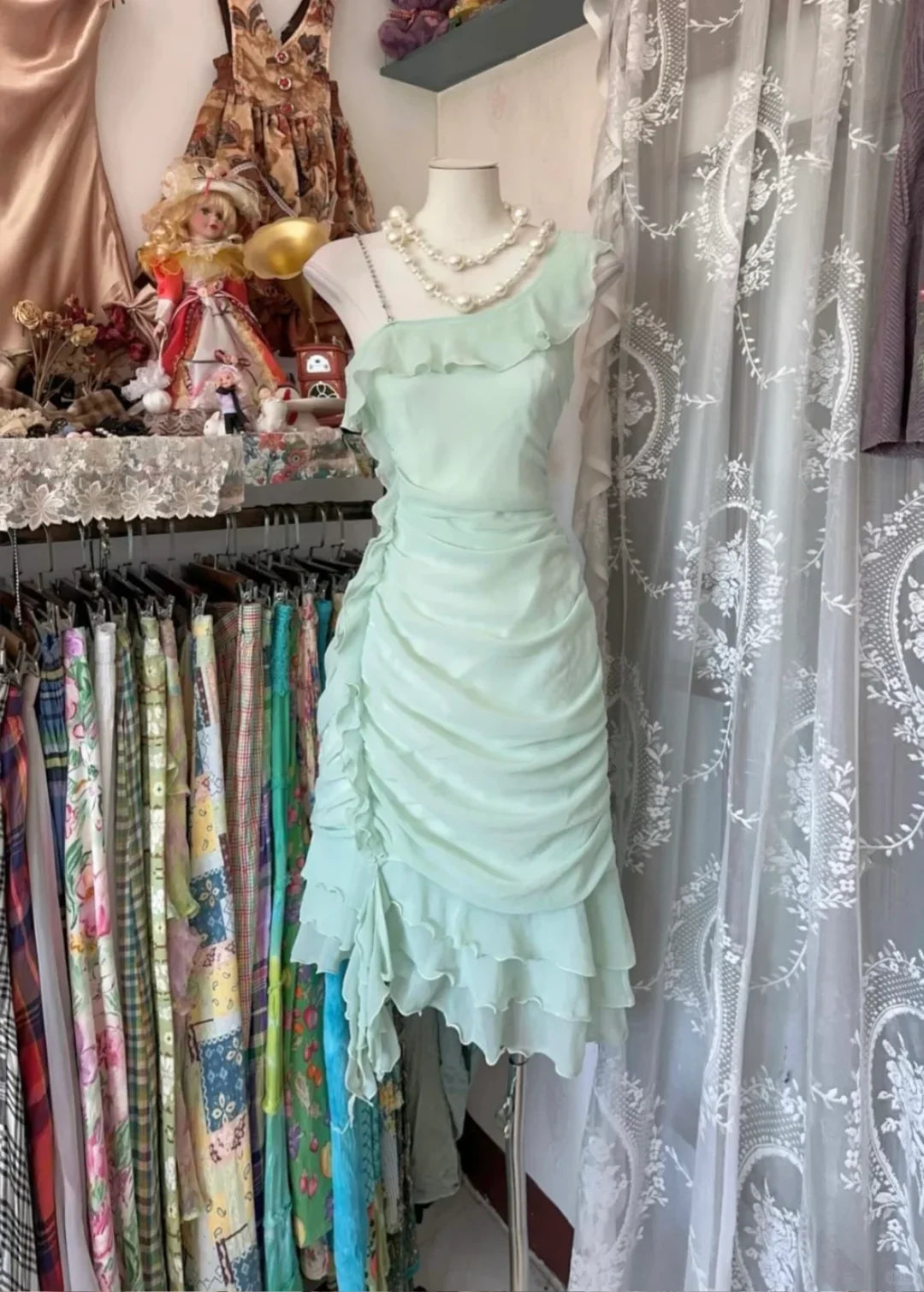 Hermoso vestido de fiesta corto de gasa verde menta con un solo hombro y corte sirena, vestido de regreso a casa y vestido de noche GG1883
