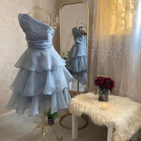 Vestido de fiesta corto de gasa con un solo hombro y capas, corte en A, para regreso a casa y noche, GG1895