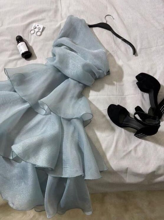 Vestido de fiesta corto de gasa con un solo hombro y capas, corte en A, para regreso a casa y noche, GG1895