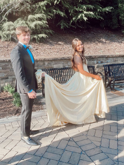 Elegant A Line Spaghetti Straps Satin Beaded Slit Long Prom Dress,Evening Dress GG1904