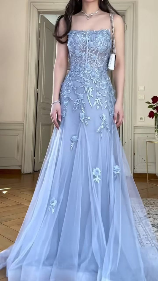 Pretty A Line Spaghetti Straps Lavender Tulle Applique Long Prom Dress,Evening Dress GG1914