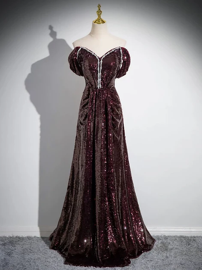 Vestido de fiesta largo con lentejuelas y cuentas, corte A, hombros descubiertos, color granate, sencillo, GG191