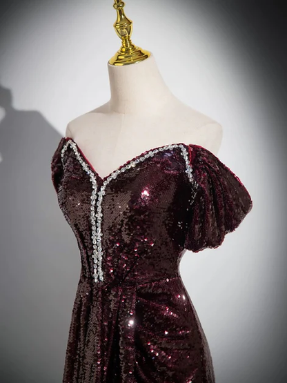 Vestido de fiesta largo con lentejuelas y cuentas, corte A, hombros descubiertos, color granate, sencillo, GG191