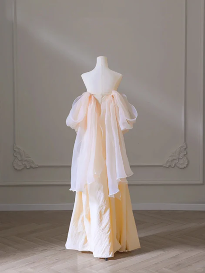 Elegante vestido formal largo de tafetán color champán con hombros descubiertos, corte A, para fiesta y noche GG193