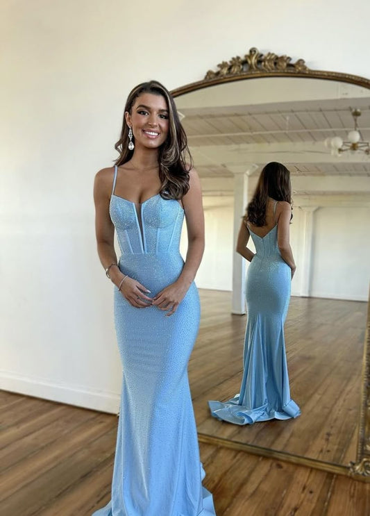 Glitter Mermaid Spaghetti Straps Pale Blue Satin Beaded Long Prom Dress,Evening Dress GG1940