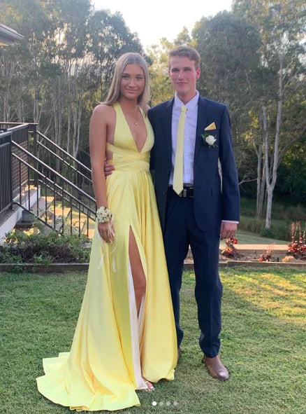 Sexy A Line Halter V Neck Satin Slit Long Prom Dress,Evening Dress GG1956