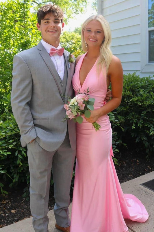 Sexy Mermaid Halter V Neck Pink Satin Long Prom Dress,Evening Dress GG1957