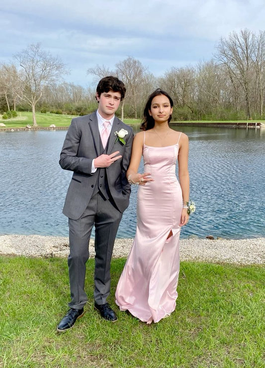 Simple Mermaid Spaghetti Straps Light Pink Satin Slit Long Prom Dress,Evening Dress GG1958