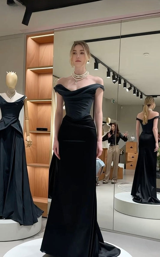Elegante vestido de fiesta largo de satén negro con hombros descubiertos y corte sirena, vestido de noche GG1979