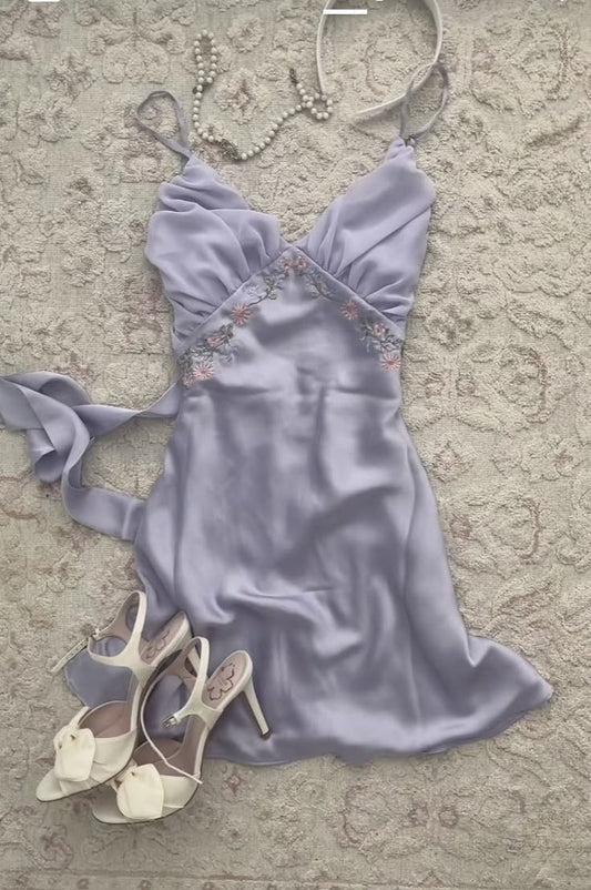 Vestido de fiesta corto con escote en A, tirantes finos, satén lila, apliques, vestido de regreso a casa y vestido de noche GG1984