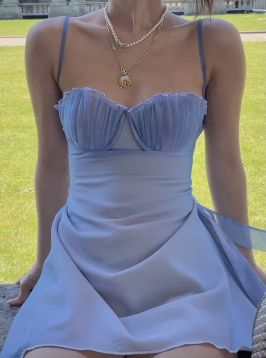 Precioso vestido de fiesta corto de gasa lila con tirantes finos, corte A, para regreso a casa y noche, GG1987