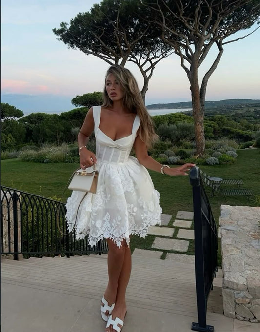 Vestido corto elegante de satén blanco con escote en forma de A y apliques, vestido de fiesta, vestido de noche GG1992