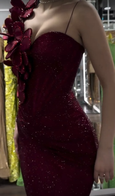 Glamorous Mermaid Spaghetti Straps Burgundy Sequin Flowers Long Prom Dress,Evening Dress GG1998