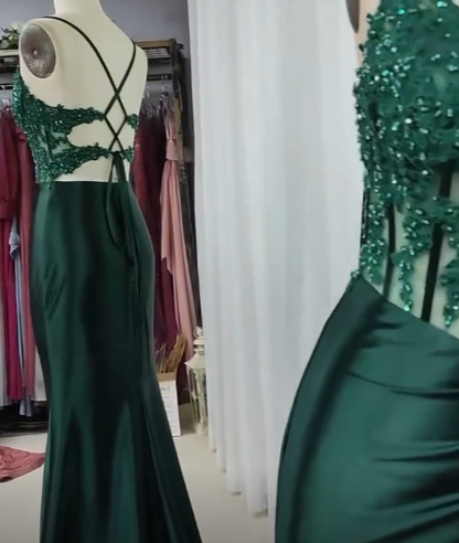 Gorgeous Mermaid Spaghetti Straps Dark Green Satin Slit Pleated Long Prom Dress,Evening Dress GG2019
