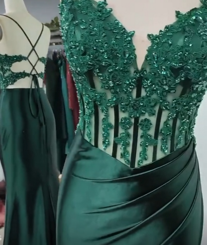 Gorgeous Mermaid Spaghetti Straps Dark Green Satin Slit Pleated Long Prom Dress,Evening Dress GG2019