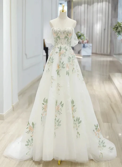 Elegante vestido de fiesta de boda, de tul marfil con hombros descubiertos y encaje floral, vestido largo de fiesta y de noche GG203