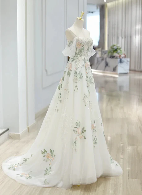 Elegante vestido de fiesta de boda, de tul marfil con hombros descubiertos y encaje floral, vestido largo de fiesta y de noche GG203