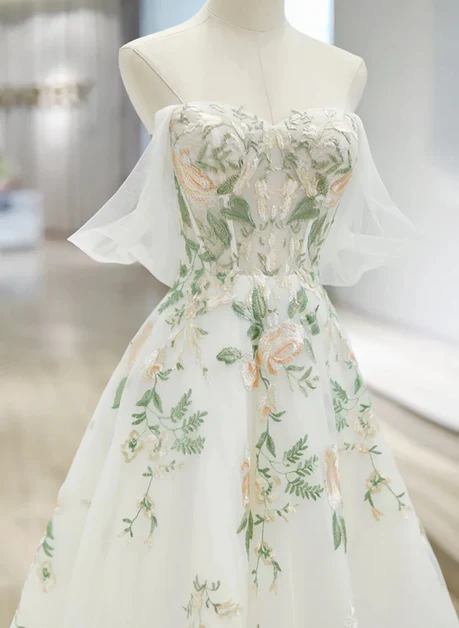 Elegante vestido de fiesta de boda, de tul marfil con hombros descubiertos y encaje floral, vestido largo de fiesta y de noche GG203