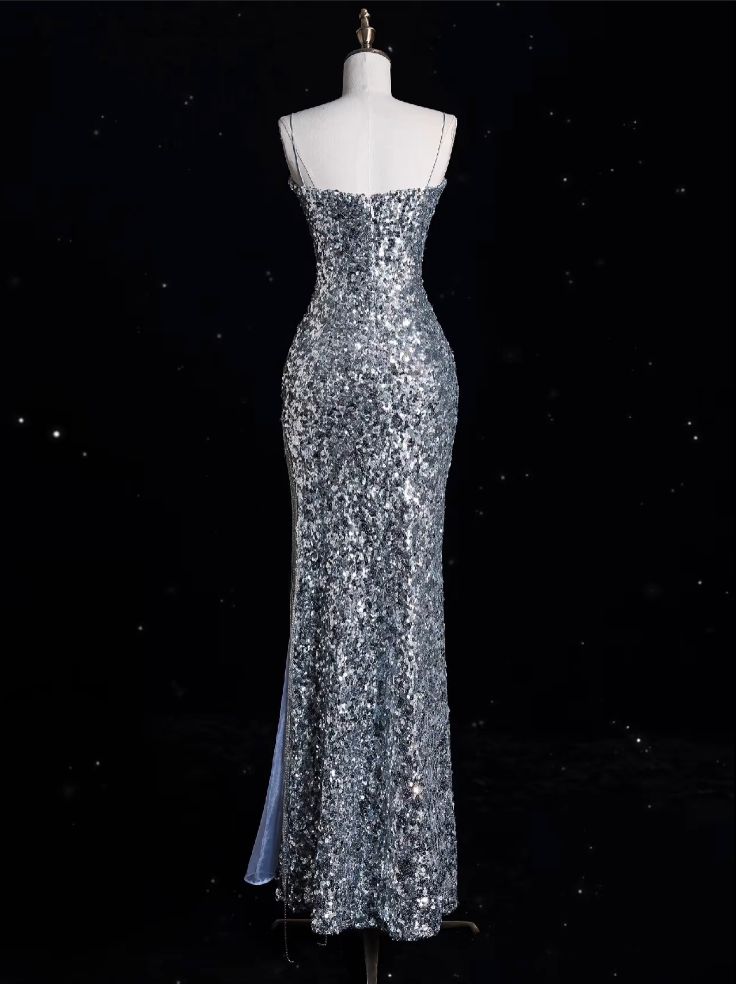 Sparkly Mermaid Spaghetti Straps Silver Sequin Slit Long Prom Dress,Evening Dress GG2048