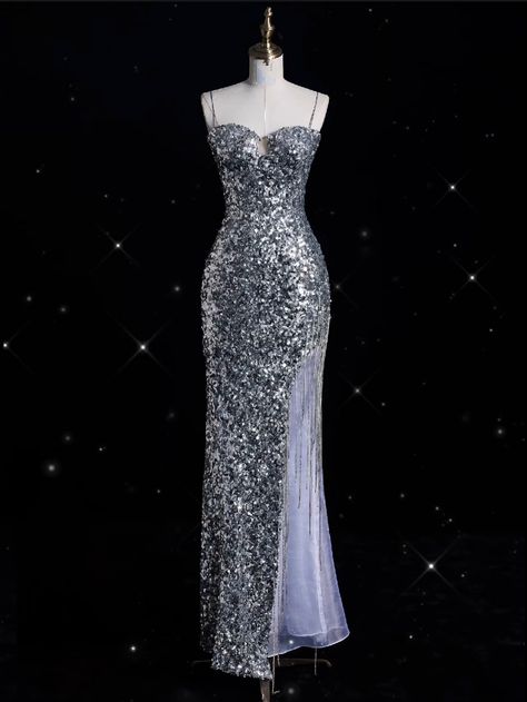 Sparkly Mermaid Spaghetti Straps Silver Sequin Slit Long Prom Dress,Evening Dress GG2048