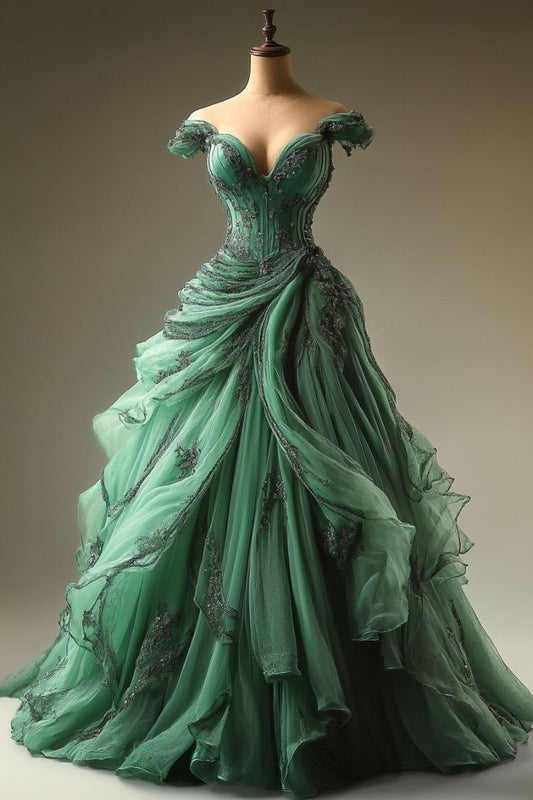 Vestido de fiesta largo de tul verde con hombros descubiertos, vestido de novia y vestido de noche GG2058
