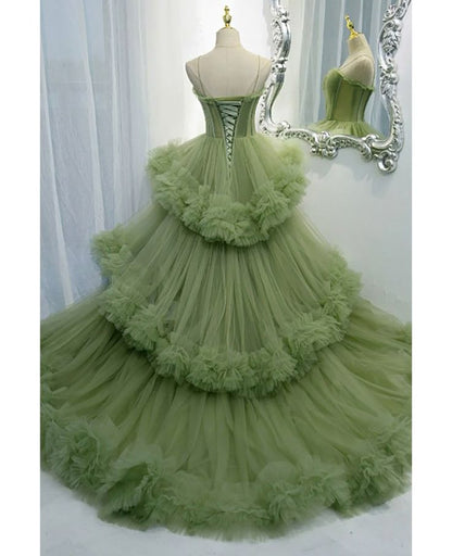 Hermoso vestido de fiesta largo con tirantes finos de tul y capas, vestido de novia o de noche GG2060