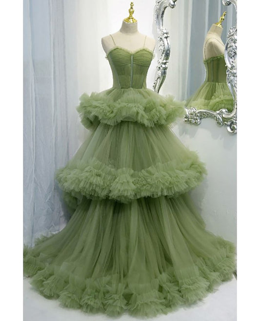 Hermoso vestido de fiesta largo con tirantes finos de tul y capas, vestido de novia o de noche GG2060