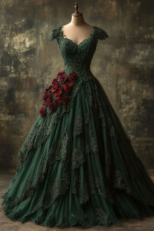 Glamoroso vestido de fiesta largo con apliques de encaje y tul verde oscuro, vestido de noche GG2063