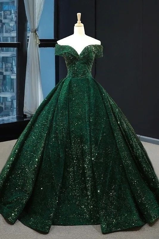 Vestido de fiesta largo de satén con lentejuelas y hombros descubiertos, color verde oscuro, con purpurina, GG2064