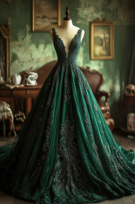 Hermoso vestido de fiesta largo con escote en V y apliques de tul verde oscuro, vestido de noche GG2065