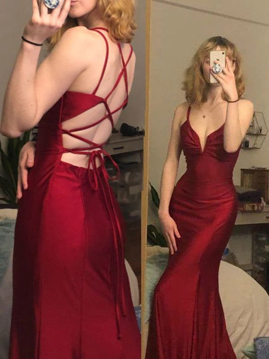 Elegant Mermaid Spaghetti Straps Burgundy Satin Long Prom Dress,Evening Dress GG2075